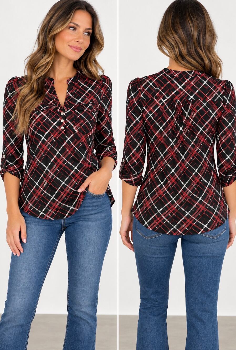 COCOMO Women’s Small Plaid Roll Tab Sleeve Blouse Black Red White NWT